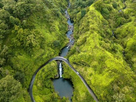 hana highway tour helicopter view waterfall