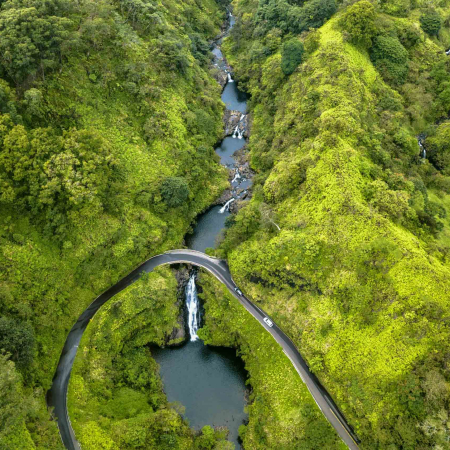 hana highway tour helicopter view waterfall