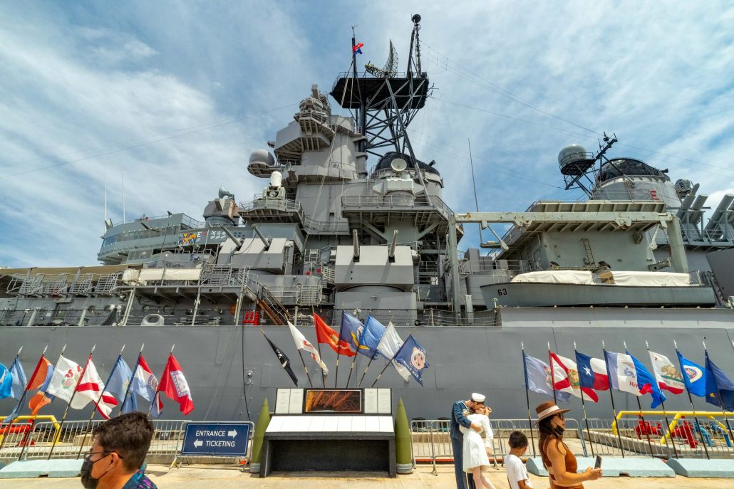 uss missouri battleship flags and visitors